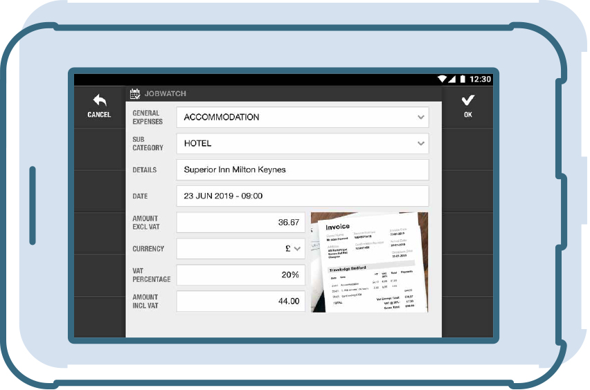 Workforce Management App on tablet, an example of expense logging