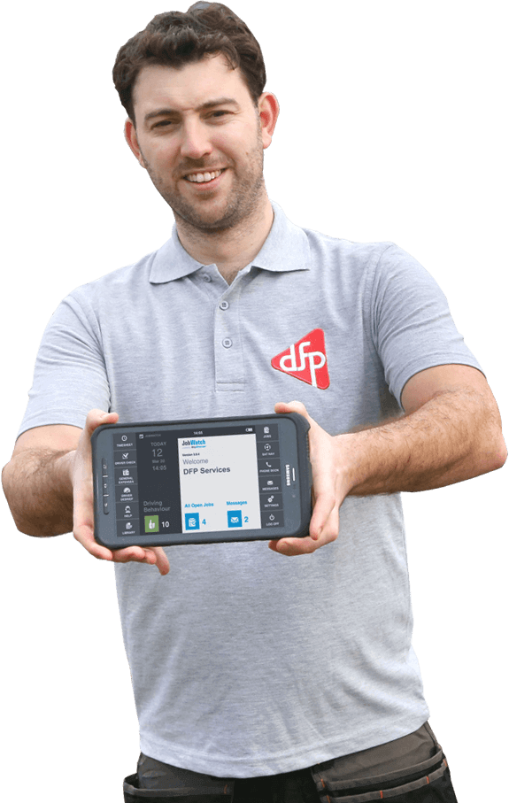 DFP Services employee holding a BigChange mobile device